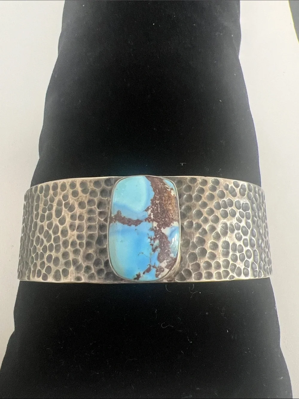 Sterling silver Hammered Cuff Bracelet with golden hills Turquoise Stone - Blue